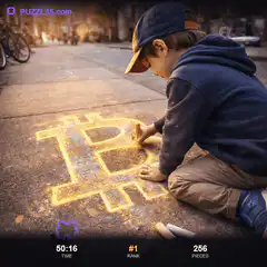 Boy drawing Bitcoin symbol with chalk