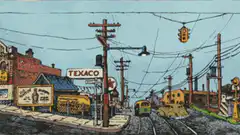 Vintage train passing Texaco gas station