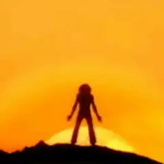 Silhouette raising arms at sunset