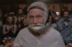 Old man with mask falls backward