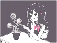Girl pointing at eyeball plant