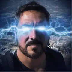 Man with glowing eyes and lightning