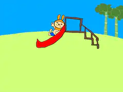 Bunny character slides down red slide