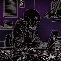 Skull hacker typing with glowing eyes