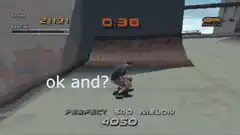 Skateboarder does tricks with ok and? text
