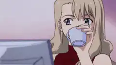 Anime girl drinks coffee then clicks block