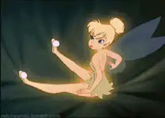 Tinker Bell stretching and looking annoyed