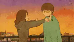 Girl hugs boy at sunset