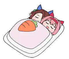 Two girls sleeping under a carrot blanket