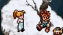 pixel art girl hugs boy in snow