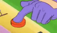 purple hand presses red button