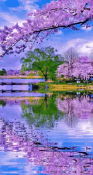 cherry blossoms over lake