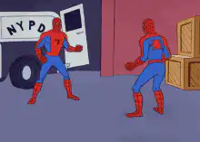 Spider-Man pointing at each other