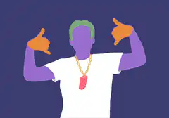 Illustrated person making phone gestures with changing pendant