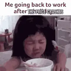 Crying girl eating cereal after price crashes