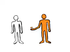 Orange stick figure gives pill to white stick figure