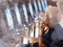 Elderly woman smoking at slot machines
