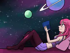 Pink haired girl reading in space