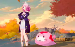 Paimon and pink-haired anime girl in autumn