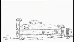 Cat jumps on sleeping man