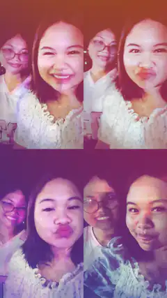 two women making funny faces in a split-screen selfie