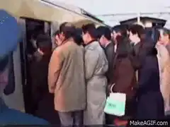 Train station staff pushing commuters into crowded train