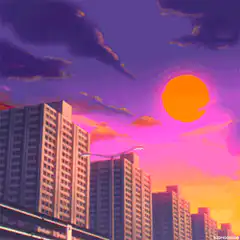 Anime city sunset with street lamp