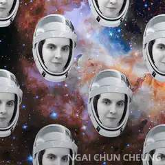 Woman in astronaut helmet floating in space
