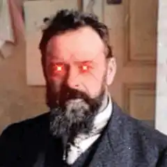 bearded man with glowing red eyes