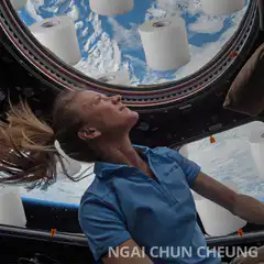 Astronaut floating with toilet paper in space