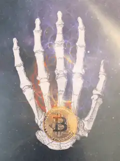 Skeleton hand holding Bitcoin