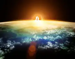Bitcoin sun rising over Earth