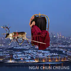 Woman in sleigh pulled by reindeer over city