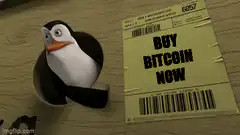 Surprised penguin with buy bitcoin label