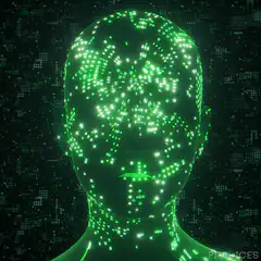 Green digital human head with binary code