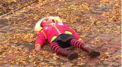 child lying in autumn leaves