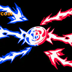 Bitcoin coin with red and blue arrows