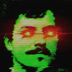 Green face with glowing red eyes