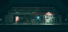 Cyberpunk robot in a dark warehouse