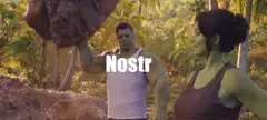 Hulk and She-Hulk lifting rocks with Nostr text