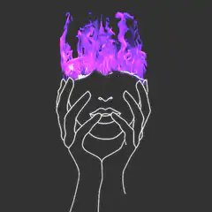 Hands holding head with purple fire
