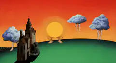 Surreal clouds with legs walking