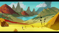 Pixel art landscape with red ribbon