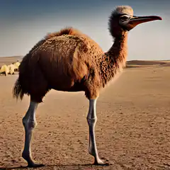 Furry camel with long legs in desert