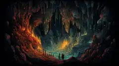 Two figures in a glowing cavern