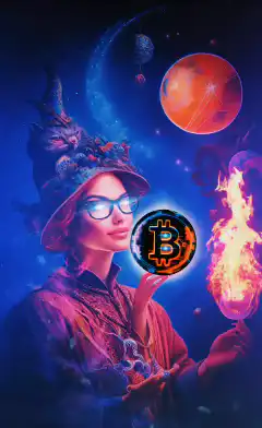 Witch holding Bitcoin and fire in space
