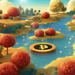 Bitcoin coin floating in a river