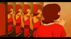 Woman looking in mirror with multiple reflections