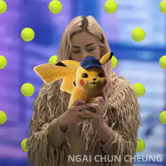 Woman holding Detective Pikachu plush with tennis balls