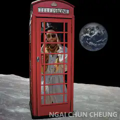 Woman in red telephone booth on the moon